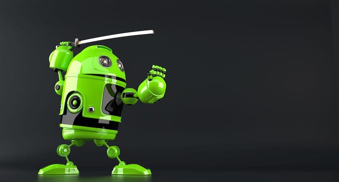Green robot holding a samurai sword