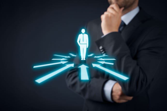 Businessman posing behind illustrated glowing figure of himself, with arrows all pointing toward the figure