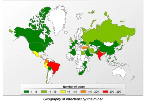 How PowerGhost has traveled throughout the world.\r\n(Source: Kaspersky Labs)\r\n