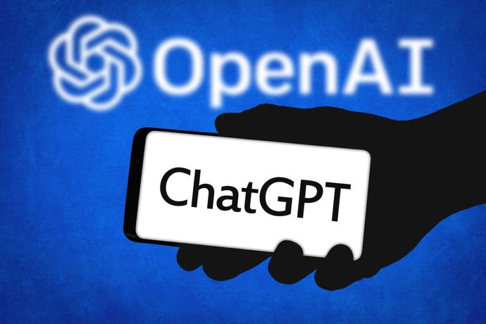 Image shows "OpenAI" across the top against a blue background above a hand holding a mobile phone with "ChatGPT" on the screen