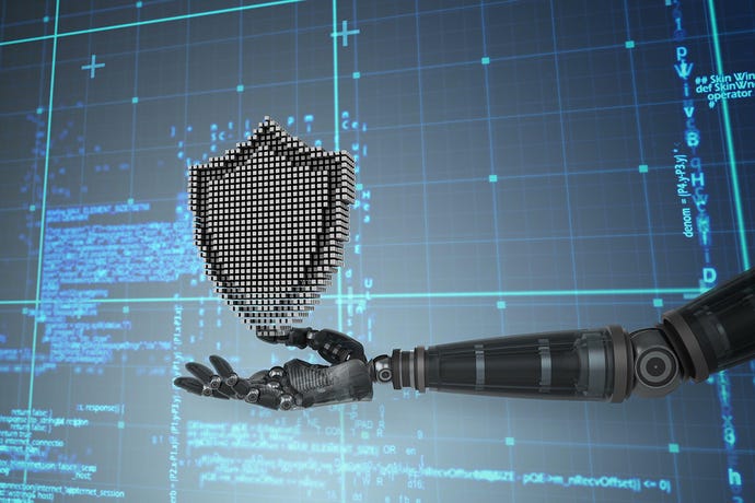Robotic hand presenting digital cloud data security in the form of a shield