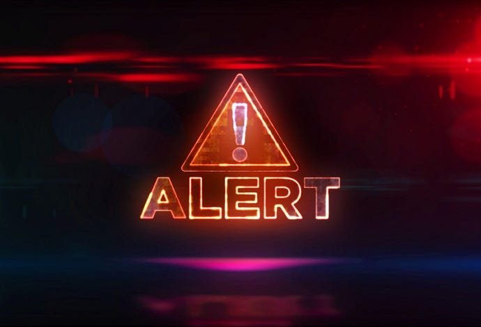 illustration of a security alert icon (an exclamation point inside of a triangle) with the word "alert" below it