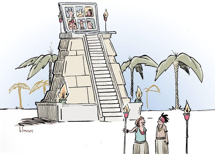 Come up with caption for cartoon of laptop at top of tower in ancient civilization with two people talking