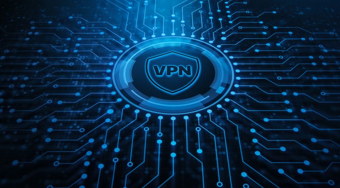 Illustration of VPN traffic as glowing blue lines leading to a shield on which is written 'VPN'