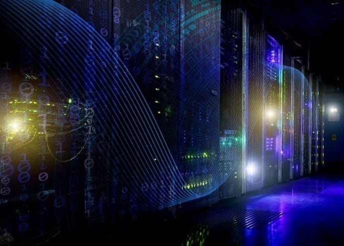 Servers in a data center with a holographic projection to illustrate massive computing power.