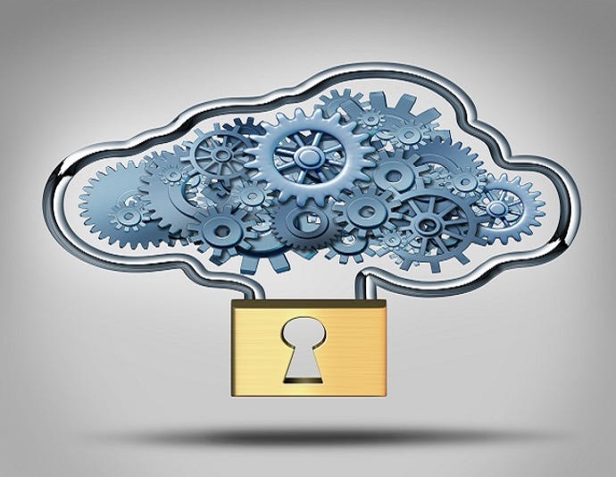 Image shows a graphic of a padlock with a cloud containing images of machine gears coming out of the top like a thought bubble