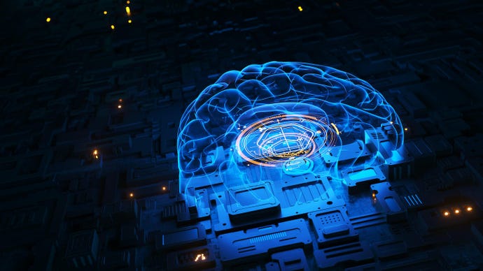 brain hologram floating above a computer chip