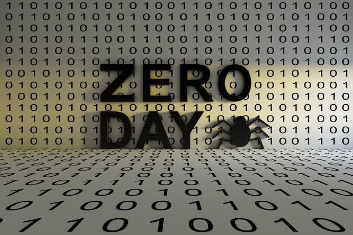 Illustration showing the words zero day against a wall of 1s and 0s, with a stylized bug to represent bugs