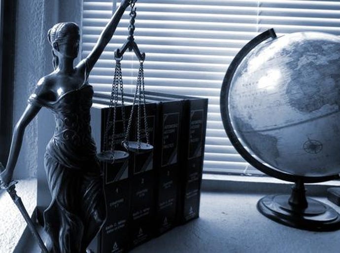Blind justice holding scales with globe