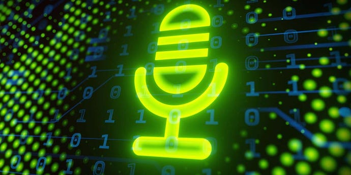 glowing neon green microphone icon against a black screen and green pixels.