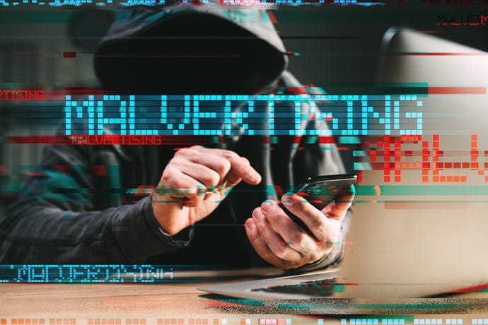 Concept image depicting malvertising phone hack and attack method