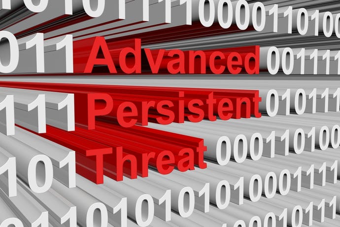 The text Advanced Persistent Threat in red amid a sea of white 0s and 1s