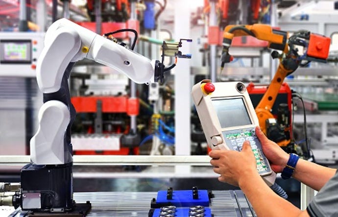 robotic arm in a warehouse checking inventory
