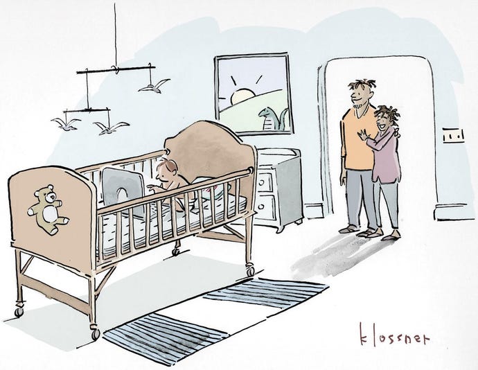 Cartoon in need of a caption. The cartoon shows two doting parents admiring their baby, who is in a crib using a laptop.