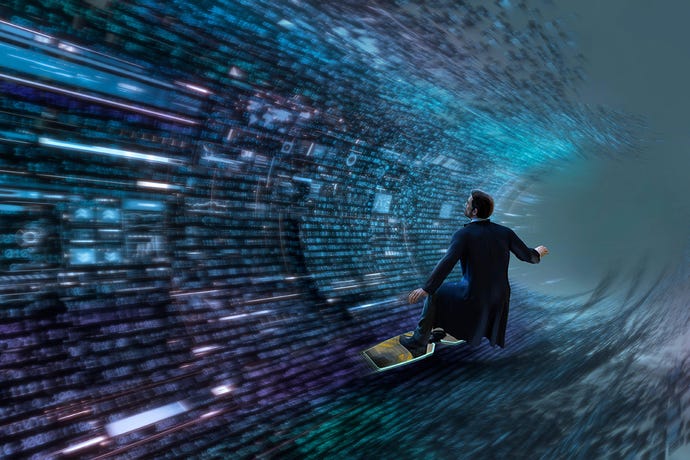 Businessman surfing binary code wave, although his board looks more like a skateboard, tbh