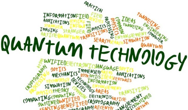 Word cloud with the words Quantum Technology in the middle in big green letters.