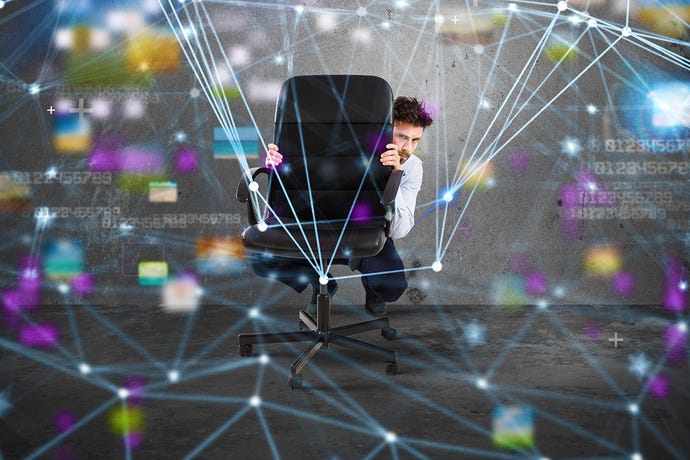 Augmented photo illustration of businessman hiding behind chair to avoid the Internet