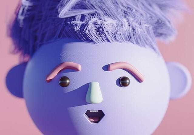 3d render of funny cute cartoon character with funny hair style. Shocked or surprised face expression.