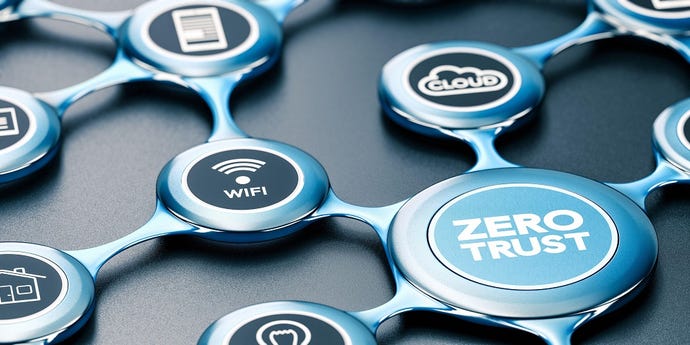 3D illustration of a blue network with icons and the text zero trust written on the front. Black background.