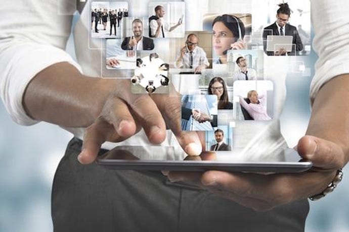 Hand on keyboard with images of multiple people and identities.