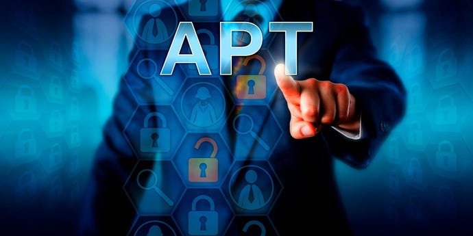 Illustration of a faceless businessman touching the acronym APT displayed on a glowing transparent screen
