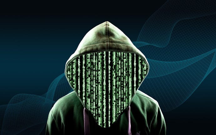 A dark green hoodie is in front of a black background. Where the wearer's face should be, there are only columns of numbers