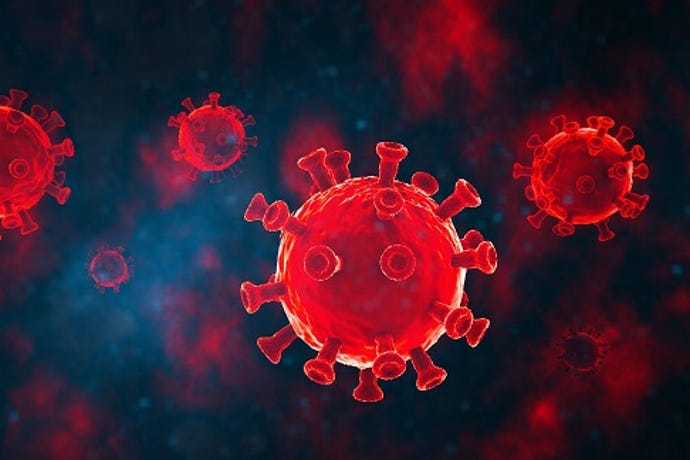 red coronavirus floating in dark blue background