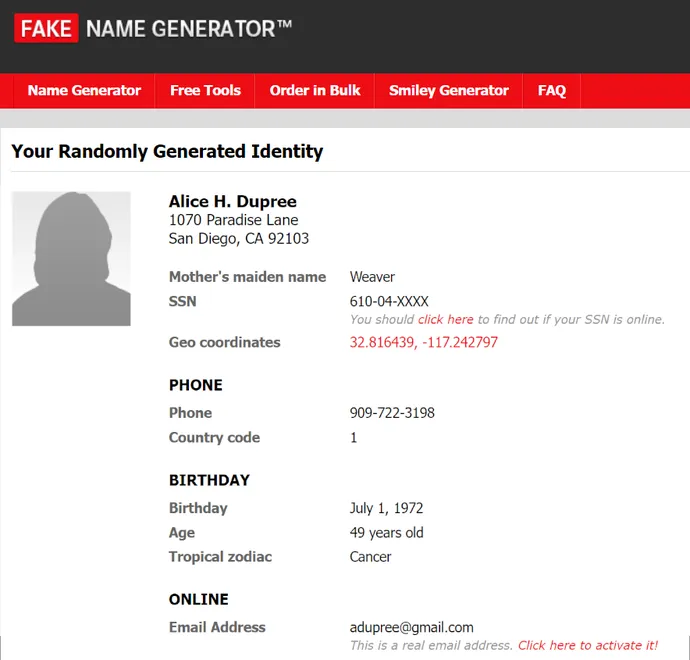 Fake identity