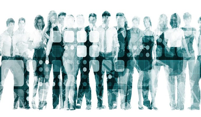 image depicting a lineup of cybersecurity workers, young people in business casual clothes behind a graphic screen