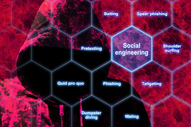 Image of a hacker alongside text boxes of different types of social engineering scams.