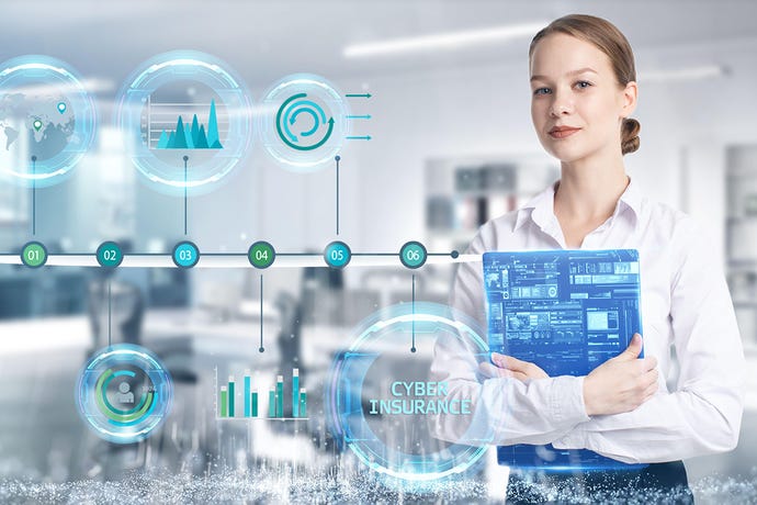 Photo illustration of young person thinking over the steps for successful business growth, ending with cyber insurance
