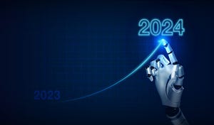3d rendering AI robot humanoid hand draws rising arrow from 2023 to 2024 calendar years on growth graph, blue grid network background.