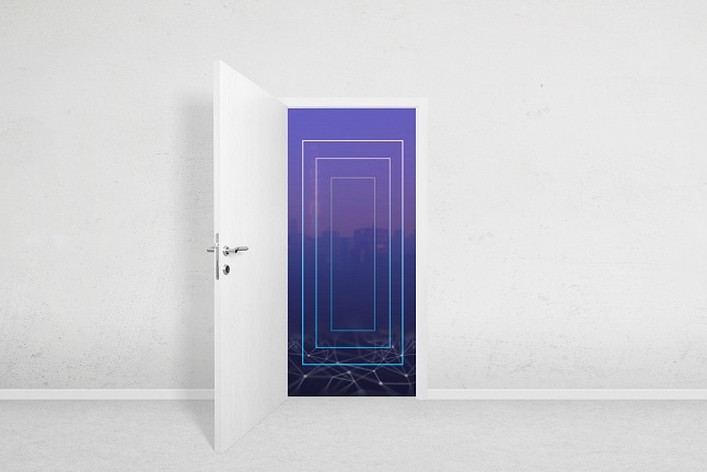 Door to the metaverse concept. Open door on a white wall overlooking the portals.