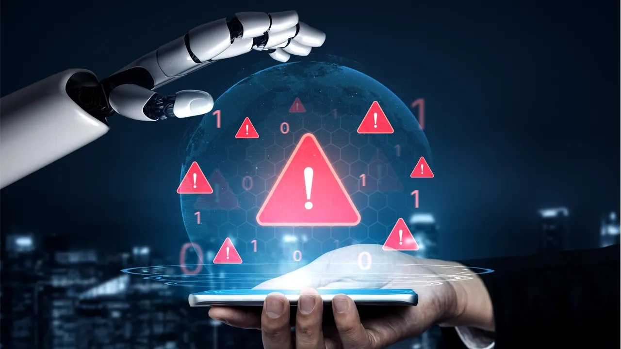 A futuristic robot hand reaches toward digital globe with alert signs A futuristic robot hand reaches toward digital globe with alert signs