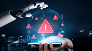 A futuristic robot hand reaches toward digital globe with alert signs A futuristic robot hand reaches toward digital globe with alert signs