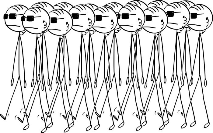 Vector cartoon stick figure drawing conceptual illustration of group of government secret agents walking or marching in sunglasses. 