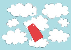 Vector illustration of price tag attached to the cloud on the sky background.