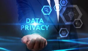 digital abstract with hand holding digital data privacy sign