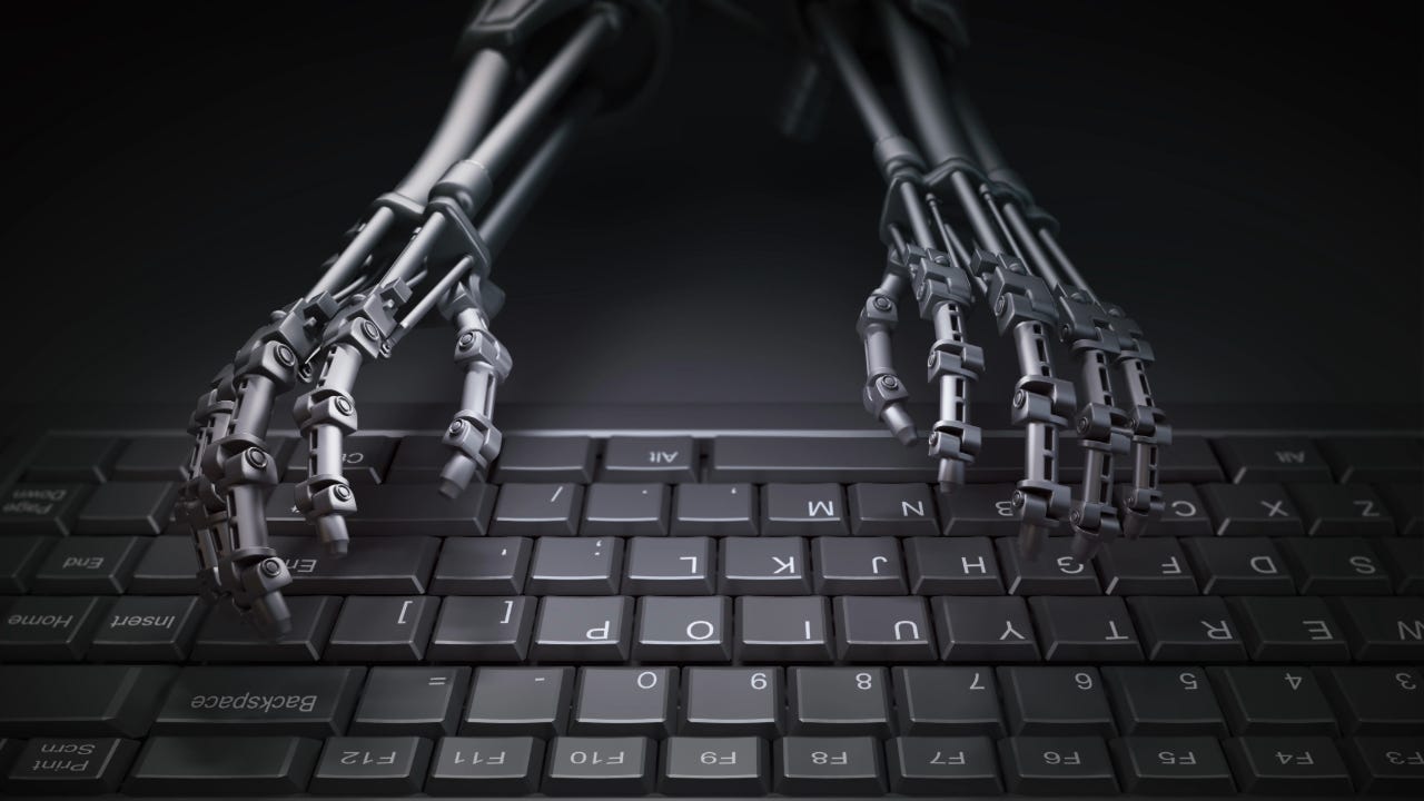 Robot typing on a computer keyboard - automation and AI research concept illustration Robot typing on a computer keyboard - automation and AI research concept illustration