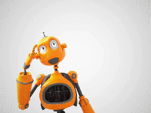 3D rendering of a yellow cartoon robot thinking about something.