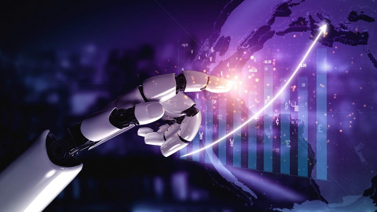 A futuristic robotic hand reaches out to interact with a digital globe, showcasing graphs and analytics to symbolize growth and innovation A futuristic robotic hand reaches out to interact with a digital globe, showcasing graphs and analytics to symbolize growth and innovation