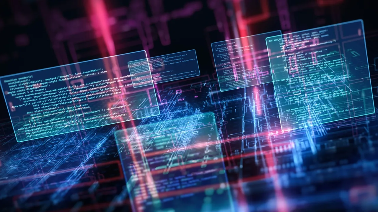 Abstract visualization of floating programming code windows on a glowing cyber grid. Abstract visualization of floating programming code windows on a glowing cyber grid.