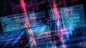 Abstract visualization of floating programming code windows on a glowing cyber grid. Abstract visualization of floating programming code windows on a glowing cyber grid.
