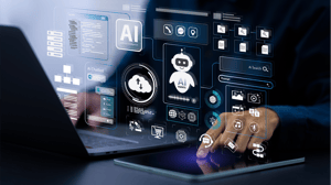 An illustration of AI agents is overlaid on a picture of an executive at a laptop An illustration of AI agents is overlaid on a picture of an executive at a laptop