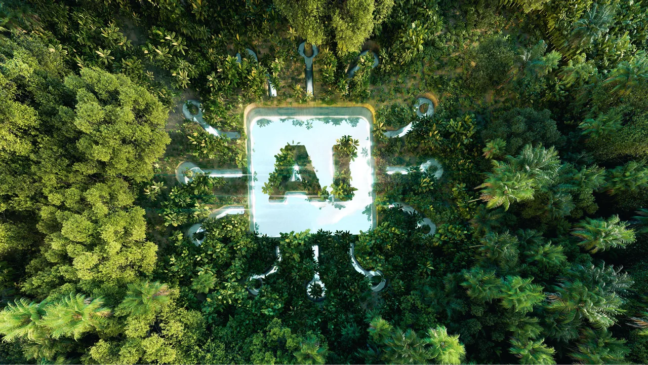 An illustration of a pond with a Ai symbol in the middle of a beautiful untouched jungle. An illustration of a pond with a Ai symbol in the middle of a beautiful untouched jungle.