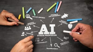 AI ethics principles. Illustration with icons, keywords and arrows on a black chalkboard background. AI ethics principles. Illustration with icons, keywords and arrows on a black chalkboard background.