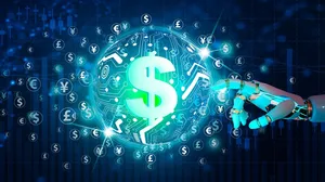 AI Robot hand touching digital symbols of currrency. AI Robot hand touching digital symbols of currrency.
