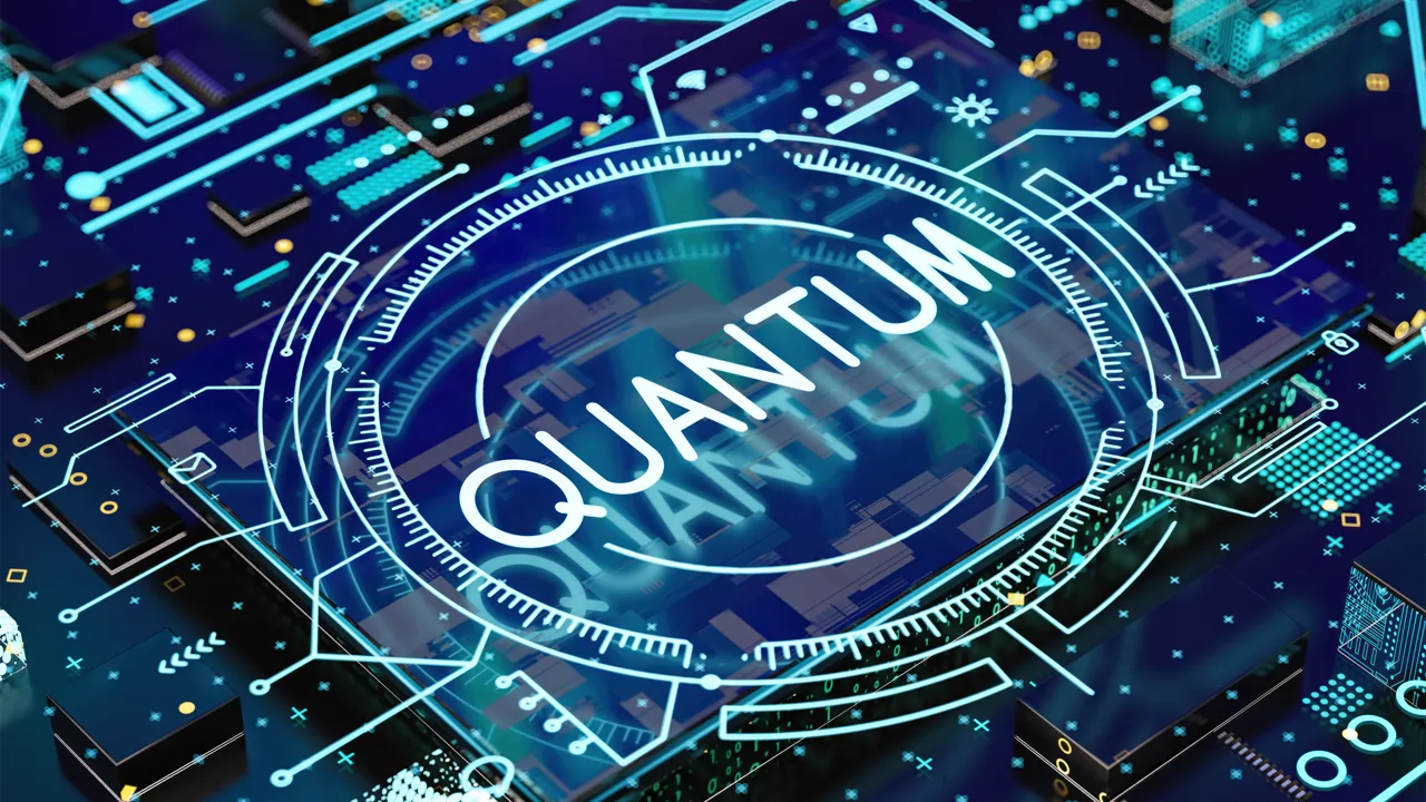 Digital illustration of a computer circuit board with the word 'quantum' overlaid on it Digital illustration of a computer circuit board with the word 'quantum' overlaid on it