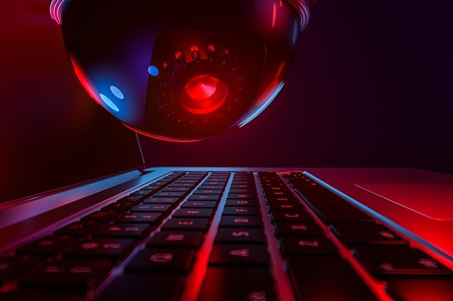 Cyber safety concept - computer keyboard and dome cctv watching it Cyber safety concept - computer keyboard and dome cctv watching it