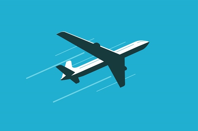 Flying plane in sky. Commercial airline, airplane vector illustration